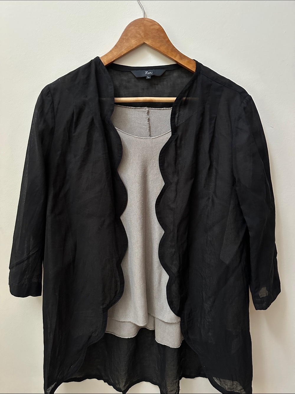 Open-Front Black Scalloped Sheer Linen Cardigan